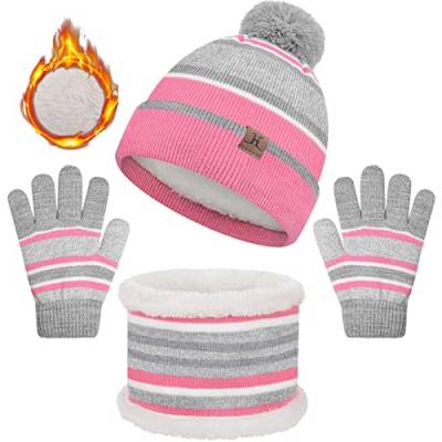 UMIPUBO 3 in 1 Kinder Wintermütze Beanie Hut Schal Handschuhe Set Streifen Stricken Hut Schal Winter Dicken Warmen Schal Hut Handschuh Anzug Für Junge und Mädchen, 3-6 Jahre von UMIPUBO