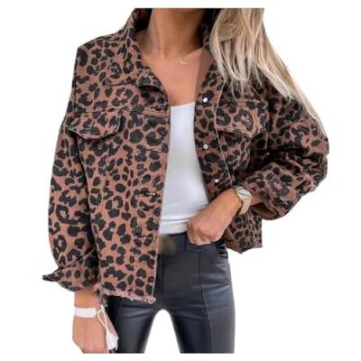 UNeedVog Frauen Lässig Jacke Geschnittene Leopard -denim Jacken Revers -knopf Lose Jean Outwear von UNeedVog