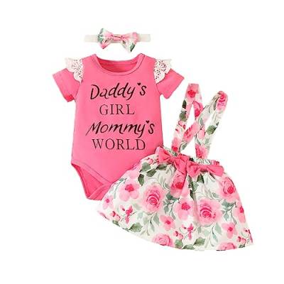 UUAISSO Baby Mädchen Sommer Outfit Sets Rüschen Kurzarm Strampler Hosenträger Rock mit niedlichen Stirnband Kleinkind Mädchen Kleidung Sets rosarot 0-3 Monate von UUAISSO