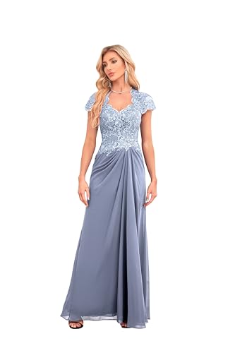 UUJJSO Brautjungfernkleid mit V-Ausschnitt, Spitzenapplikationen, Perlen, Brautmutterkleid, Chiffon, formelles Kleid mit Taschen, UU34, dusty blue, 42 von UUJJSO