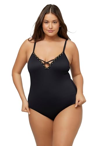 Ulla Popken Damen große Größen Übergrößen Plus Size Badeanzug, Perlenband, Struktur, Softcups, Zierbänder schwarz 56 793662100-56 von Ulla Popken