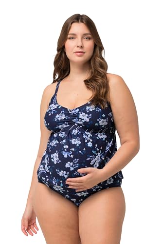 Ulla Popken Damen große Größen Übergrößen Plus Size Bellieva-Tankini, Umstandsmode, Blüten/Ringel, Raffung, verstellbare Träger Marine 48 825430130-48 von Ulla Popken