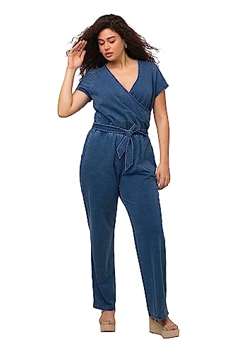 Ulla Popken Damen große Größen Übergrößen Plus Size Jeans-Jumpsuit, weites Bein, V-Ausschnitt, Halbarm blue denim 50+ 818677902-50+ von Ulla Popken