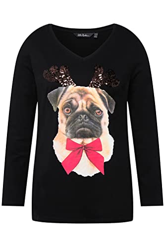 Ulla Popken Damen große Größen Übergrößen Plus Size Shirt, Weihnachtshund, A-Linie, V-Ausschnitt, Langarm schwarz 50+ 811298100-50+ von Ulla Popken