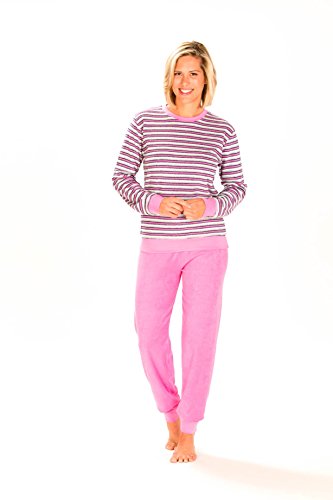 Unbekannt Damen Frottee Pyjama lang mit Bündchen - Geringelt - Rundhals 53210, Größe2:48/50, Farbe:Rose von Unbekannt