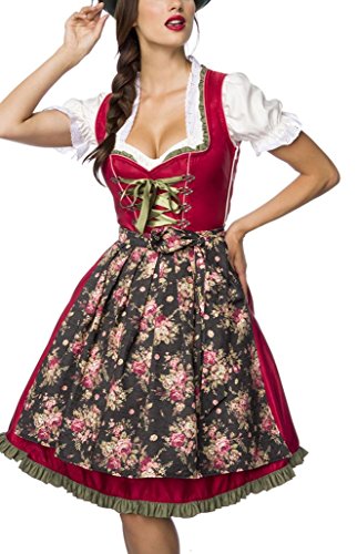 Dirndl Kleid Kostüm mit Herzausschnitt und Schnürung und Schürze aus Denim Stoff und Spitze Oktoberfest Dirndl rot/grün/weiß M von Unbekannt