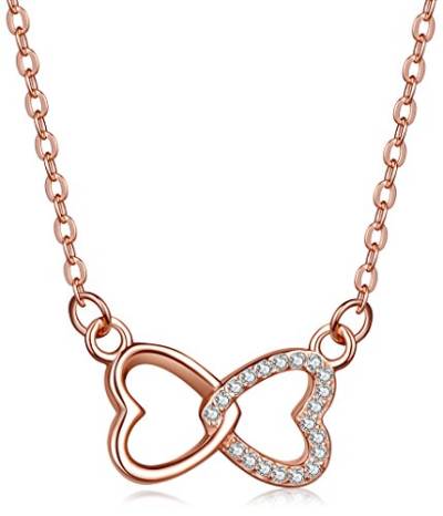 Unendlich U Ineinander Verschlungene Herzen Unendlichkeit Zeichen Damen Halskette 925 Sterling Silber Zirkonia Anhänger Verstellbare Kette, Rosegold von Unendlich U