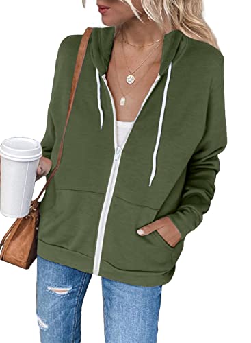 Uusollecy Sweatjacke Damen, Langarm Full Zip Hoodie Sweatshirt, Casual Loose Einfarbig Kapuzenjacke, Reissverschluss Kapuzenpullover Sweatshirt mit Kapuze Grün XL von Uusollecy