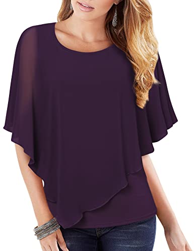 Vafoly Damen Chiffon Lose Fledermaus Bluse mit Kurzen Flatter ärmel Leichte Fließende Bluse Rundhalsausschnitt Doppellagige Poncho Tuniken Dunkelviolett L von Vafoly