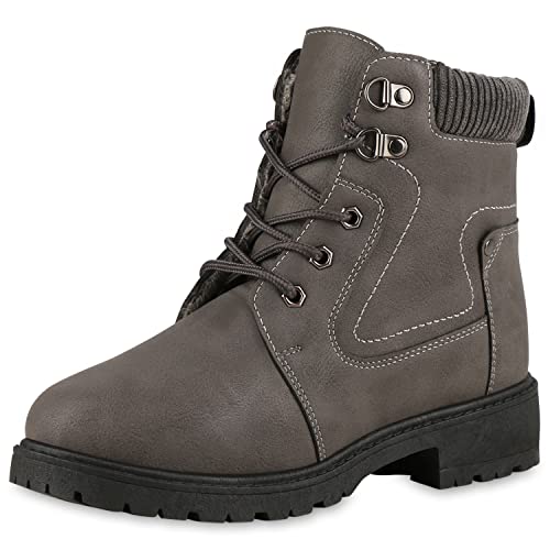 VAN HILL Damen Warm Gefütterte Worker Boots Stiefeletten Profilsohle Schuhe Blockabsatz Schnürer Bequeme Winter Booties 202197 Dunkelgrau 40 von VAN HILL