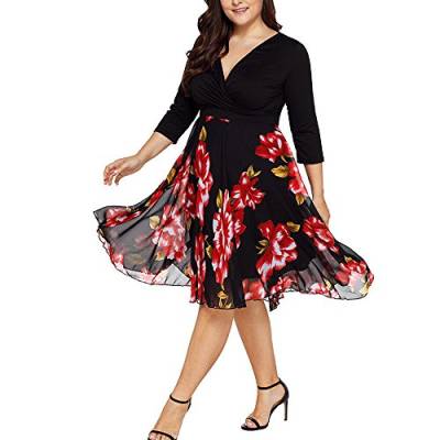 VEMOW Plus Size Elegante Damen Frauen Casual Kurzarm Kalt Schulter Boho Blumendruck Casual Täglichen Party Strand Langes Kleid Schulterfrei Strandkleid(X2-Schwarz, 54 DE / 5XL CN) von VEMOW