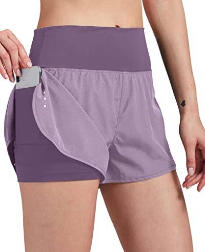 VIGVAN 2 in 1 Laufhose Damen Sport Shorts Sommer Kurze Hose Schnell Trocknend Fitness Shorts Yoga Shorts Gym Jogging Training Sporthose für Damen mit Taschen (PL, M) von VIGVAN