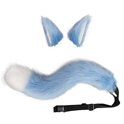 VIGVAN Fox Wolf Cosplay Tierohren Schwanz Set Wolf Ohren Schwanz Kostüm (Blau) von VIGVAN