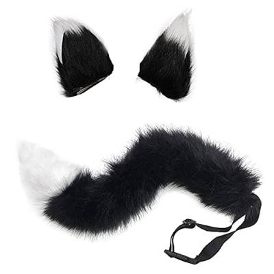 VIGVAN Fox Wolf Cosplay Tierohren Schwanz Set Wolf Ohren Schwanz Kostüm (Schwarz Weiß) von VIGVAN