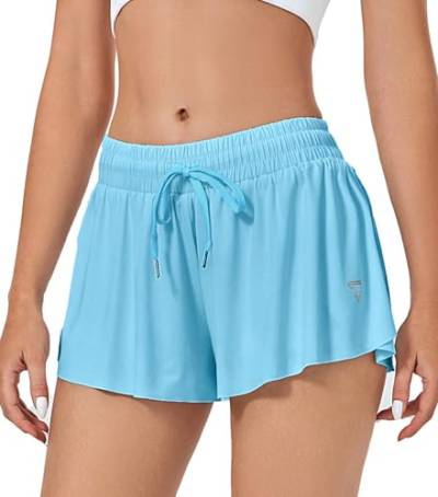 VIGVAN Shorts Damen Sommer Sport Shorts Kurze Hose 2 in 1 Flowy Running Shorts Yoga Biker Shorts Schnelltrocknende Gym Fitness Shorts Sportrock Damen (Hellblau, XS) von VIGVAN