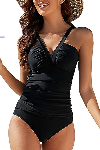 VILOREE Mode Damen Tankini Set Zweiteilige Bademode Badeanzug Nechholder Bauchweg Schwarz (N102) S von VILOREE