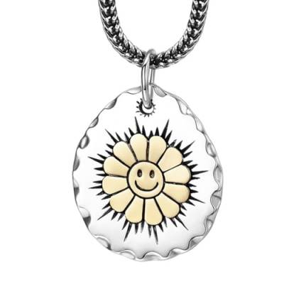 VOYADE S925 Sterling Silber Vintage Smiley Blumen Anhänger, Männer Und Frauen Personalisierte Sonnenblumen Anhänger Halskette,Silber,Single Pendant von VOYADE