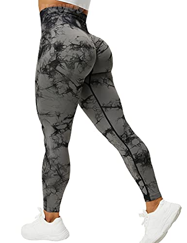 VOYJOY Tie Dye Nahtlose Leggings für Frauen Hohe Taille Yogahose, Scrunch Butt Lifting Elastische Strumpfhosen, Schwarz/Grau, M von VOYJOY