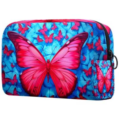 Reise Make up Tasche,Reise Kulturbeutel für Damen,Blauer und roter Schmetterling,Kosmetik Reisetasche von VTGHDEEQ
