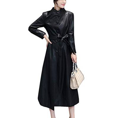 Valin Damen Schwarz Taillierte Lang Kunstleder Trench Lederjacke Ledermantel,P6701,M von Valin