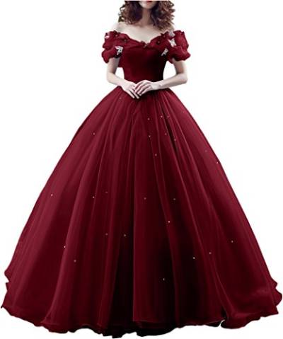 Victory Bridal Wunderschoen Weinrotes Kurzarm Abendleider Quincenera Ballkleider Lang Promkleider Cinderella -40 Weinrot von Victory Bridal