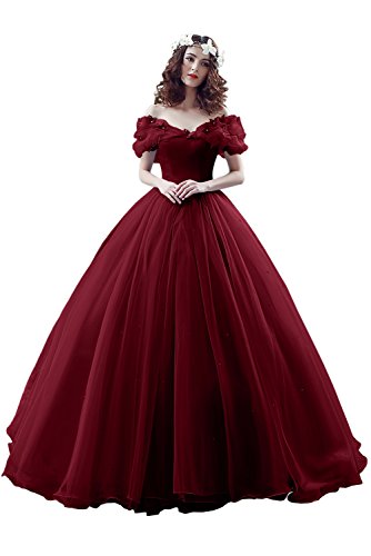 Victory Bridal Wunderschoen Weinrotes Kurzarm Abendleider Quincenera Ballkleider Lang Promkleider Cinderella -42 Weinrot von Victory Bridal