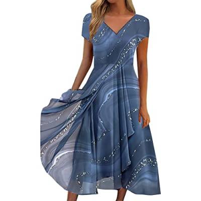 Vimoli Sommerkleider Damen Kurzarm V-Ausschnitt Partykleid Chiffon Swing Ballkleider Elegant Plisse A-Linie Midikleid Asymmetrischer Saum Cocktailkleid Brautjungfer Abendkleid(C Blau,4XL) von Vimoli