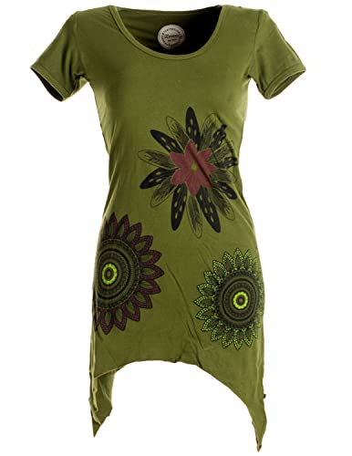 Vishes - Alternative Bekleidung - Asymmetrisch geschnittenes Longshirt, Elfen Tunika mit großen Blumen Bedruckt Olive 44 von Vishes