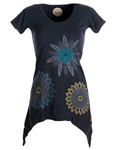 Vishes - Alternative Bekleidung - Asymmetrisch geschnittenes Longshirt, Elfen Tunika mit großen Blumen Bedruckt schwarz 34 von Vishes