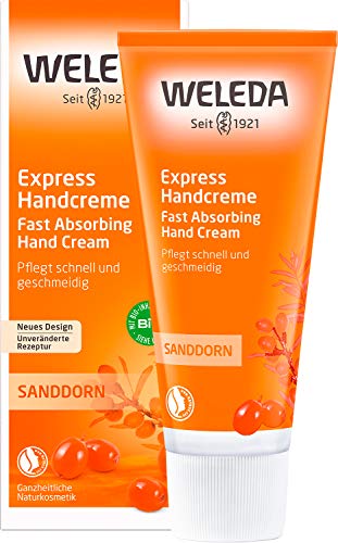 WELEDA Bio Express Handcreme Sanddorn - Naturkosmetik Handpflege Creme für trockene Hände. Nachhaltige Feuchtigkeitscreme für Frauen & Männer mit Grapefruit, Mandarine & Sandelholz Duft (1x 50ml) von WELEDA