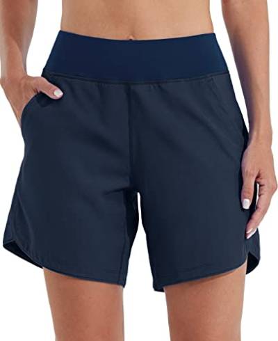 WILLIT Damen 7" Badeshorts Schwimmen Boardshorts Badehose Schnell Trocknend Bikini Shorts High Waisted Trunks UPF50+ UV Schutz mit Liner Taschen Navy Blau Größe 42 von WILLIT