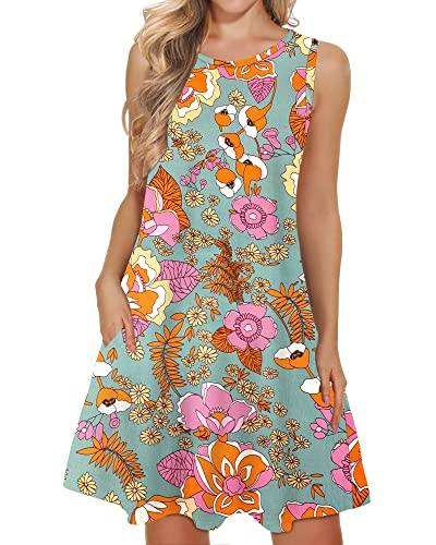 WNEEDU Damen Leichte Strandkleid Ärmellos Tank Sommerkleider Swing Kleider mit Taschen Orange Rosa Blume L von WNEEDU