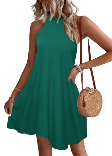 WNEEDU Sommerkleider Damen Kurze Strandkleider Neckholder Ärmelloses A-Linie Freizeitkleid mit Taschen,Dunkelgrün L von WNEEDU