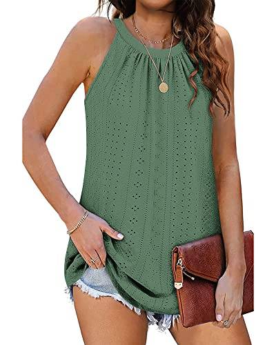 WNEEDU Sommer Top Damen Neckholder Top Ärmellose Tanktop Elegante Oberteile Cami Shirt (Dunkel Grün, XL) von WNEEDU