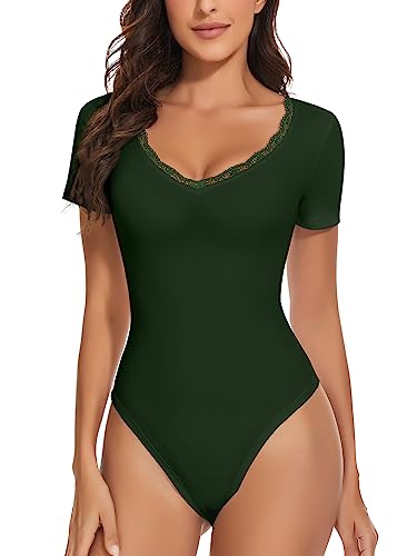 WOWENY Damen Body Spitze Elegant Kurzarm V-ausschnitt Bodies Sexy Bodysuit Short Sleeve Oberteil Tops Tshirt für Frauen(Grün, L) von WOWENY