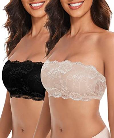WOWENY Lace Bralettes for Women Padded Bandeau Bra Strapless Tube Top Wireless Chest Wrap Basic Layering (Black/Beige -2 Pack, Large, l) von WOWENY