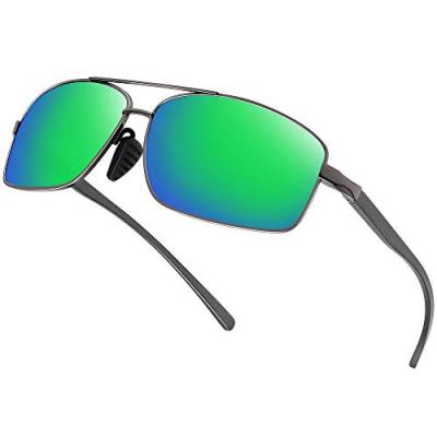 WOWSUN Sonnenbrille für Herren, polarisiert, UV-Schutz, rechteckiger Metallrahmen, modische Sport-Sonnenbrille zum Fahren und Golfen, Grün verspiegelte Gläser, Medium von WOWSUN