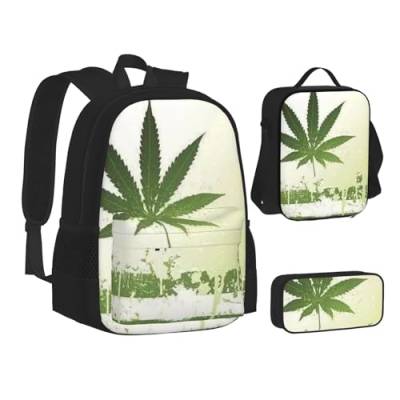 WURTON Teen-Rucksack mit Grass-Topf-Motiv, 3-in-1 (Federmäppchen + Schultasche + Lunchtasche) von WURTON