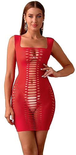 Walang Damen Dessous Sexy Fischnetz Brust-Wickelrock Rundhalsausschnitt Teddy Brüste Röckchen Ausgeschnittenes Minikleid Unterwäsche Bodysuit Bodycon Kleider (Rot) von Walang