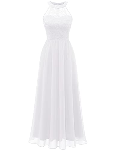 Wedtrend Damen Spitzenkleid Brautjungfer Kleid Lang Chiffon Abendkleid Party Cocktailkleid Neckholder Sommerkleid Weiß WT0201 White XL von Wedtrend