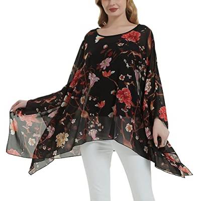 Wiiiwish Damen Lose Solide Lange Fledermaus Sheer Chiffon Kaftan Wrap Poncho Tunika Top Topper, Schwarz mit rosa Blumen, Einheitsgröße von Wiiiwish