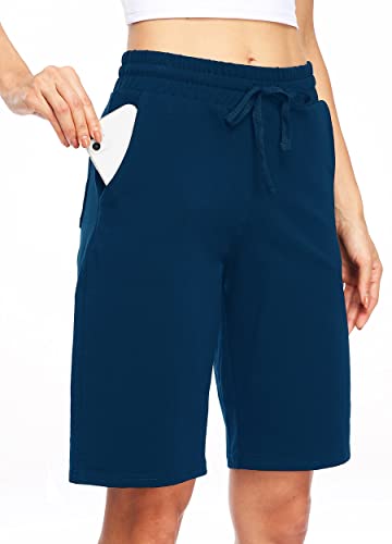 Willit Damen 25,4 cm Bermuda Shorts Baumwolle Lange Shorts Jersey Shorts Athletic Yoga Workout Lounge Shorts mit Taschen, Damen, marineblau, X-Large von WILLIT