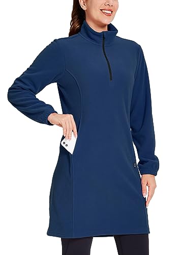 Willit Damen Fleece Kleid Sweatshirt Thermo Lang Pullover Polar Winterkleid mit Tasche, Marineblau, Groß von WILLIT