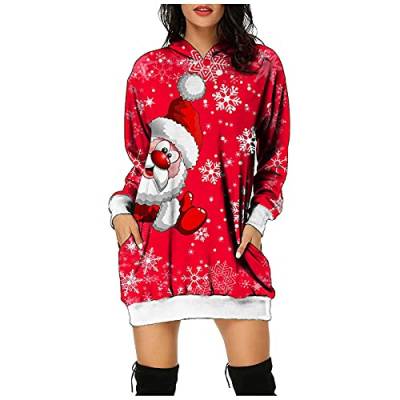 Sweatkleid Damen Langarm Hoodie Kleid Weihnachten Langarmshirt Weihnachtspullover Herbst Winter Pullover Vintage Tunika Kapuzenpullover (BB1-Red, S) von Windsfinr