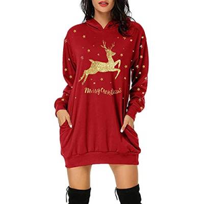 Sweatkleid Damen Langarm Hoodie Kleid Weihnachten Langarmshirt Weihnachtspullover Herbst Winter Pullover Vintage Tunika Kapuzenpullover (XX1-Red, XXL) von Windsfinr