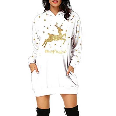 Sweatkleid Damen Langarm Hoodie Kleid Weihnachten Langarmshirt Weihnachtspullover Herbst Winter Pullover Vintage Tunika Kapuzenpullover (XX1-White, L) von Windsfinr