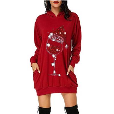 Sweatkleid Damen Langarm Hoodie Kleid Weihnachten Langarmshirt Weihnachtspullover Herbst Winter Pullover Vintage Tunika Kapuzenpullover (YY1-Red, XXXL) von Windsfinr