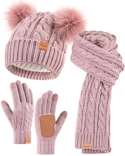 Winuesa Mütze, Schal & Handschuh-Sets für Damen, Beanie Mütze Damen Winter mit Bommel Fleece Gefütterte, Touchscreen Handschuhe Schal Mütze Damen 3 in 1 Set(Rosa) von Winuesa