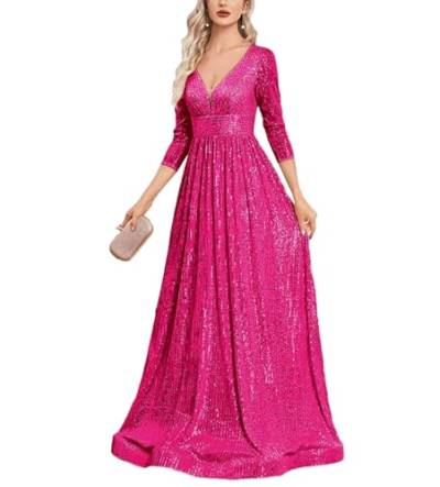 Wjnvfioo Luxuriöses Abendkleid mit V-Ausschnitt, lange Ärmel, Pailletten, formelles Abendkleid, Damen, Hochzeit, Party, Abschlussball, Maxi-Cocktailkleid, fuchsia, Medium von Wjnvfioo