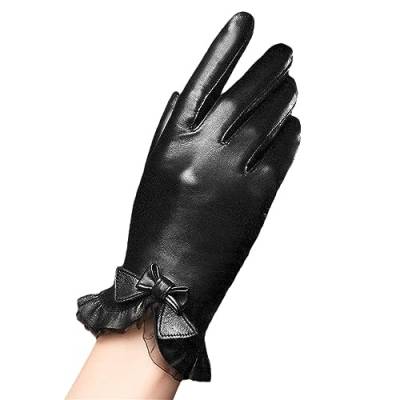 Wjnvfioo Schaffell Handschuhe Mode Handgelenk Spitze Bogen Solide Frauen Leder Handschuh Winter Fahren Warm Halten Handschuh Black L von Wjnvfioo